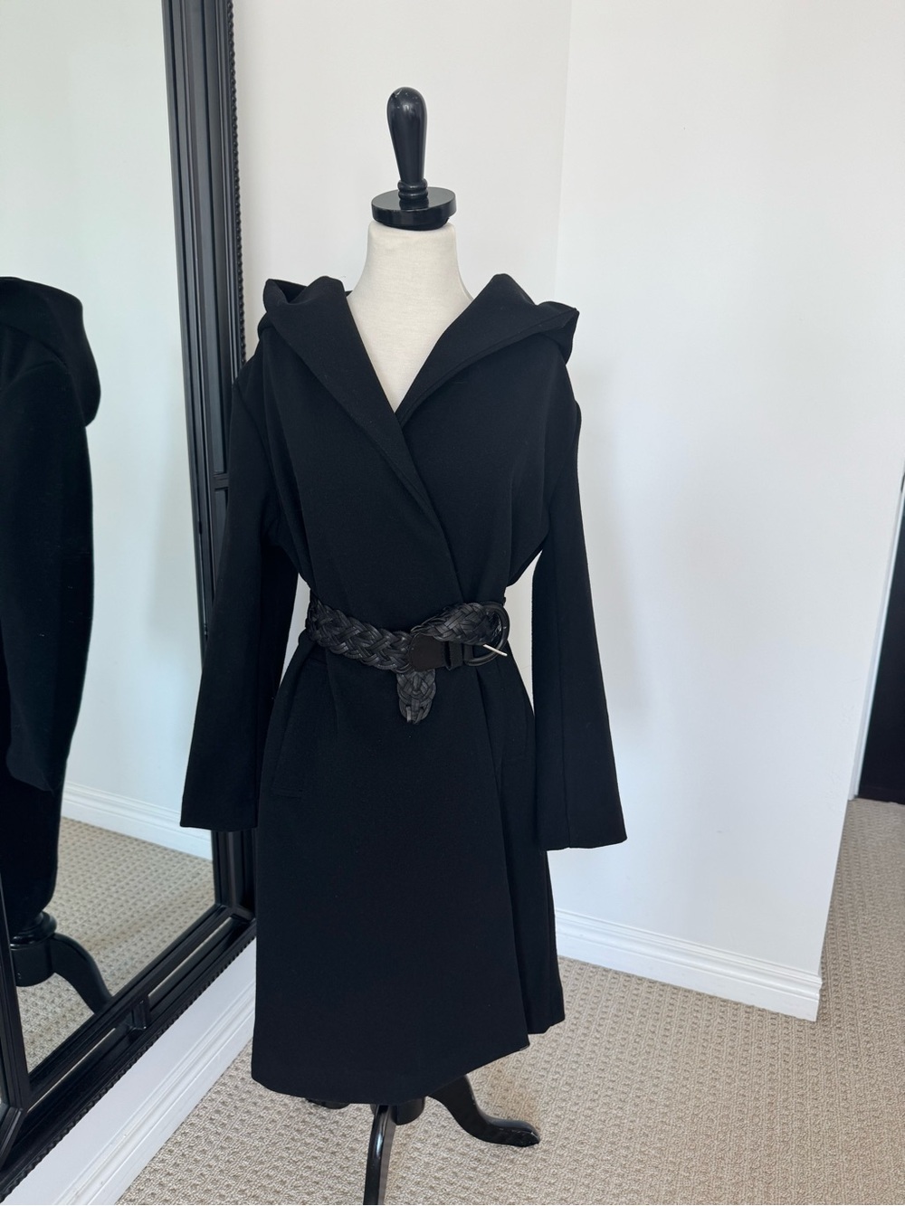 Zara Black Hooded Wrap Dress with Braided Belt Size Small Missing Belt
